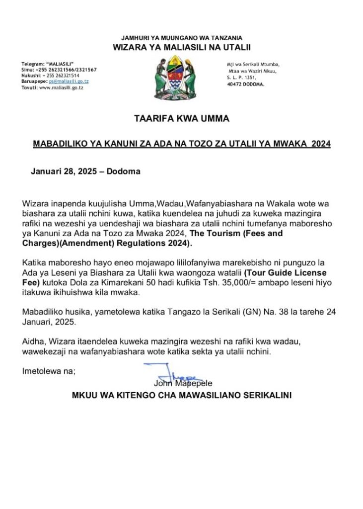 Tanzania’s tour guides reduced Fee Letter