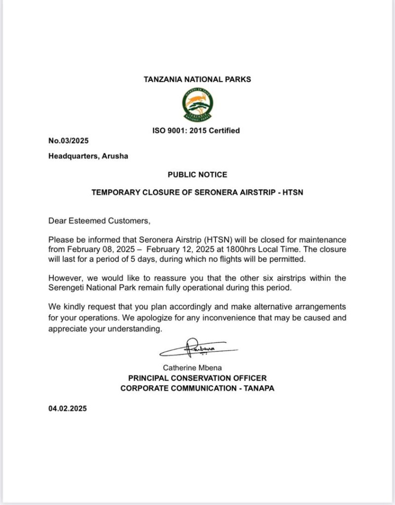 Temporary Closure of Seronera Airstrip Letter