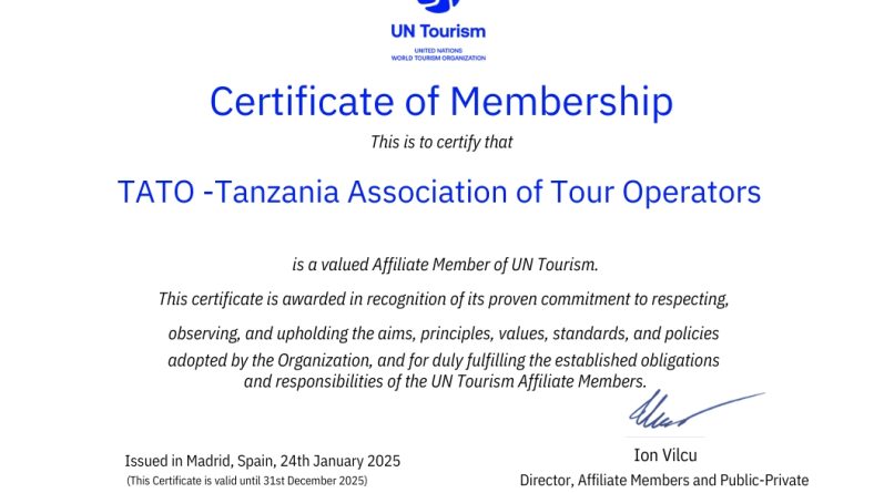 TATO Receives UN Tourism Affiliate Membership Certificate
