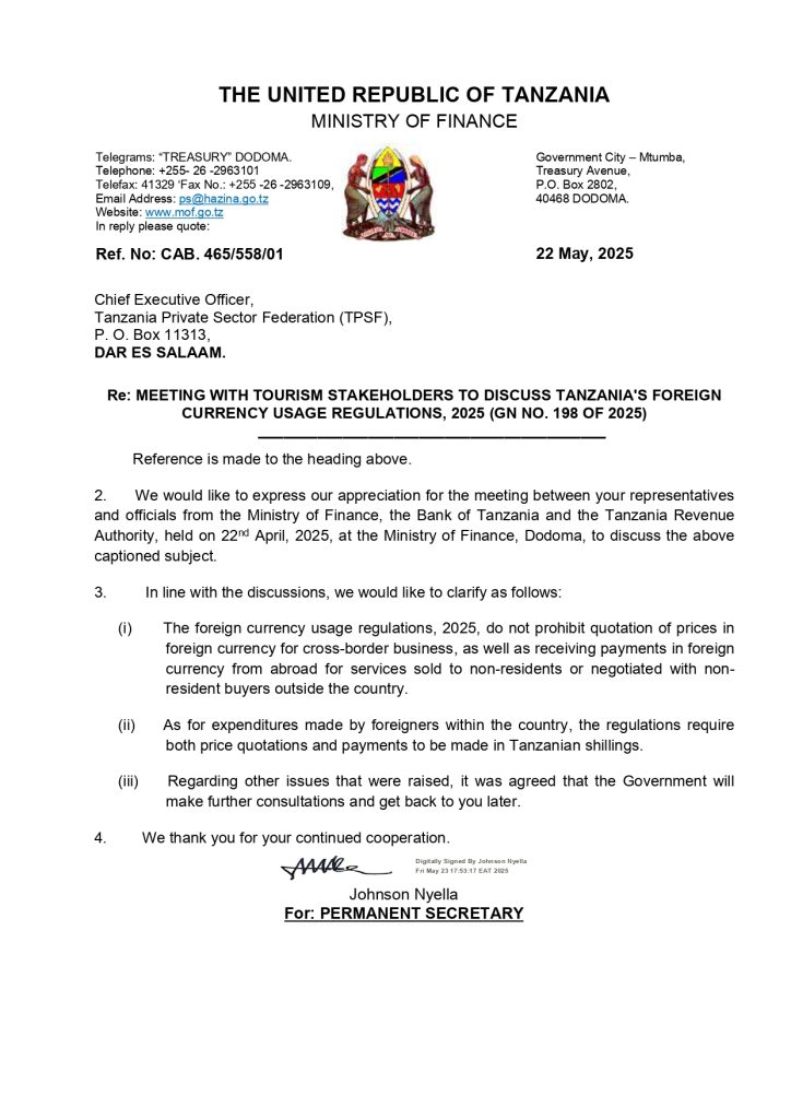 Official Government of Tanzania letter Clarifying Foreign Currency Usage Regulations In Tourism Sector