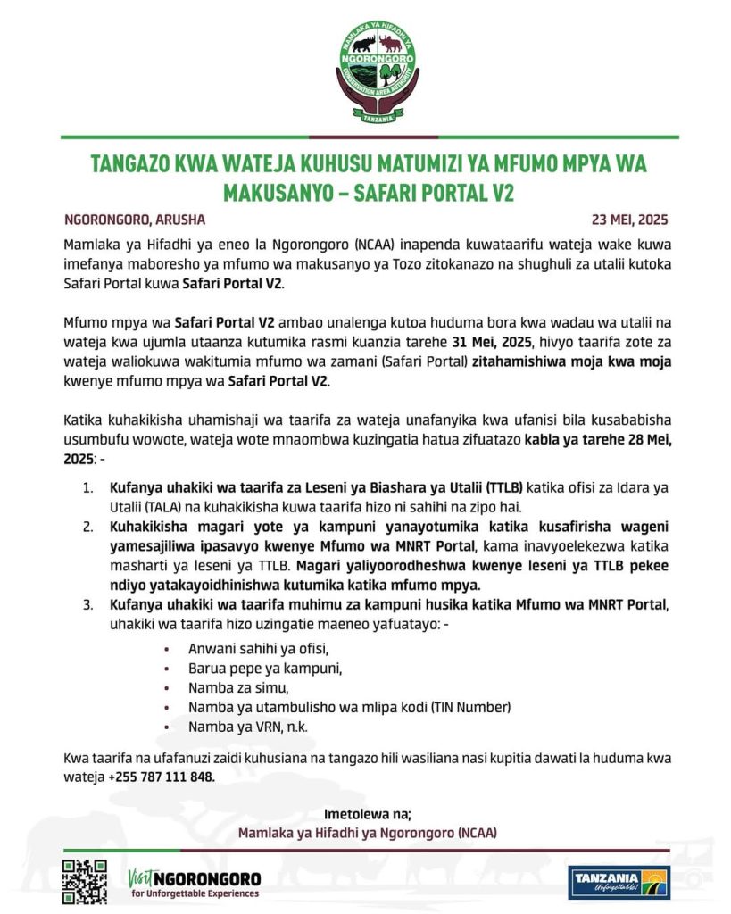 Swahili letter version showing NCAA TRANSITIONS TO SAFARI PORTAL V2