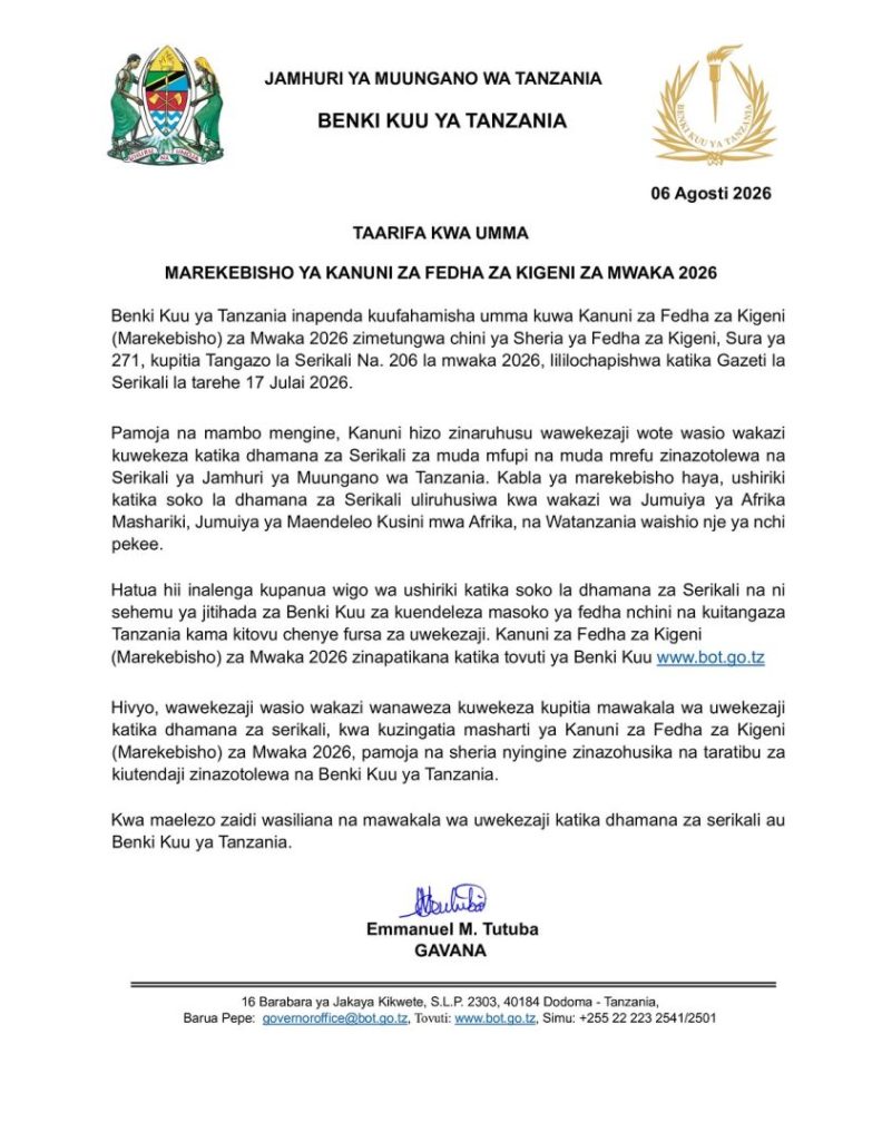 Foreign Exchange (Amendment) Regulations, 2026 for the For The Foreign exchange Reforms in swahili